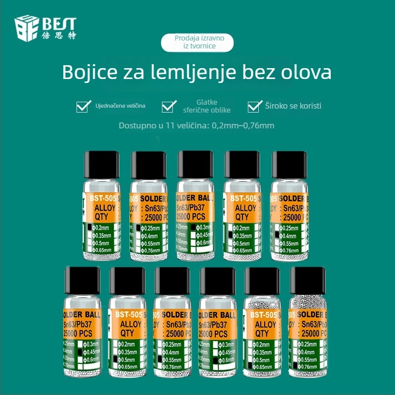 BEST tin kuglice s čvrstim jezgrama 63/37 olovno-tinova zliatina, za lemljenje BGA, niska temperatura, polusferične kuglice, broj marke 0,76