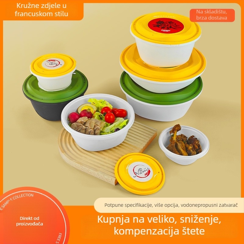 Jednokratna kružna plastična posuda za užinu – Materijal: PP polipropilen; Mikrovalna kompatibilnost: Da; Ispis logotipa: Da; Prilagodba: Da