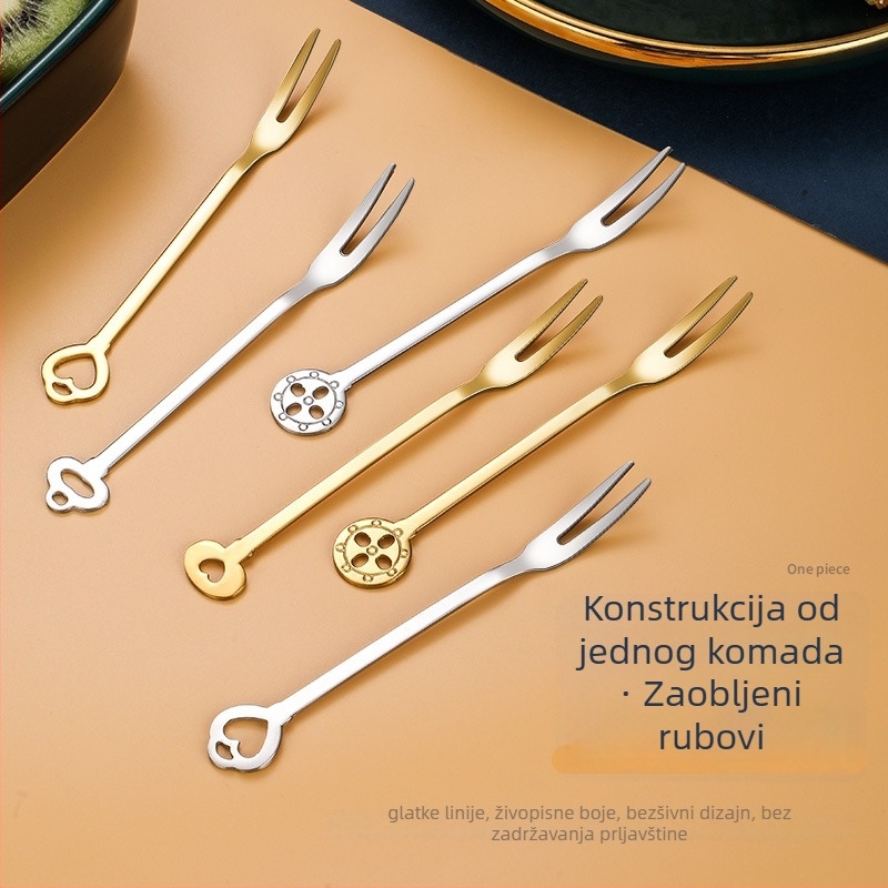 Vilica za voće s dva zuba, nehrđajući čelik, moderan minimalistički stil, cvjetni uzorak, ogledni završetak