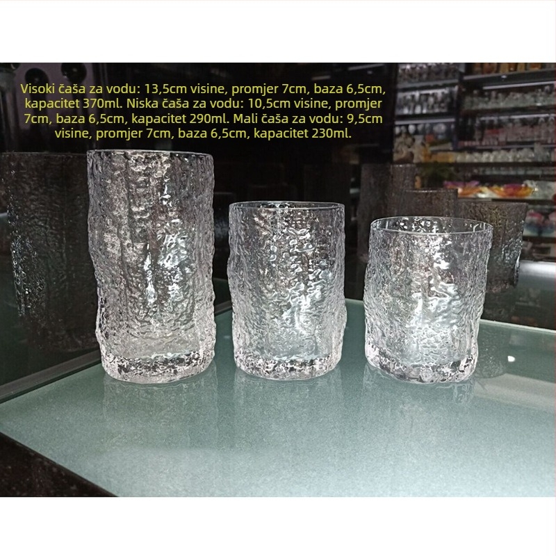 Čaša za vodu od soda-lime stakla s uzorkom drveta i teksturom kalanja, ručno izrezbarena, jednostruka, bez ručke, otporna na visoke temperature