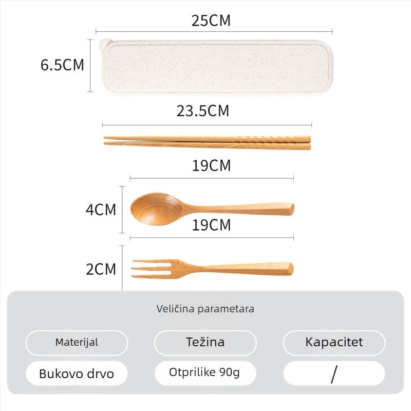 Prijenosni drveni set pribora u japanskom stilu (žlica, štapići i vilica) – težina 0,15 kg, lansiranje zimi 2024., prilagodljivo, vrhunska kvaliteta