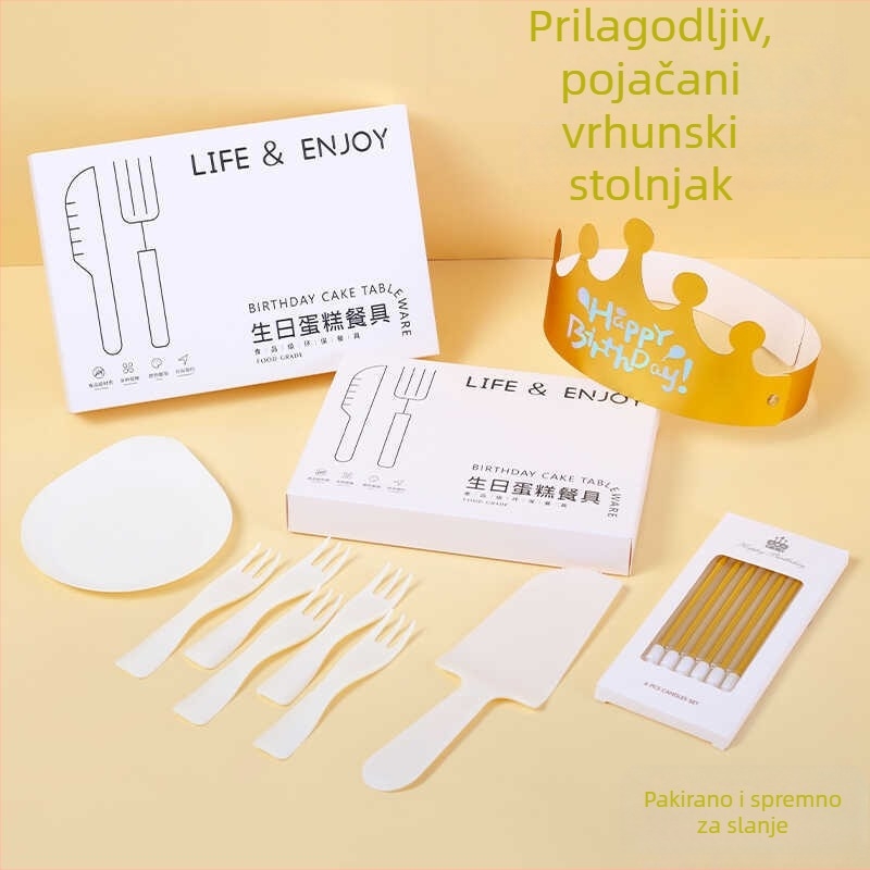 Jednokratni set posuđa za rođendan – okrugle tanjure, nož i vilica, plastika sigurna za hranu, u kutiji