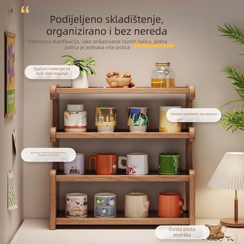 Stolni organizator čajnih šalice – 3-slojni stalak od bambusa i ploče, prijenosni stolni organizator