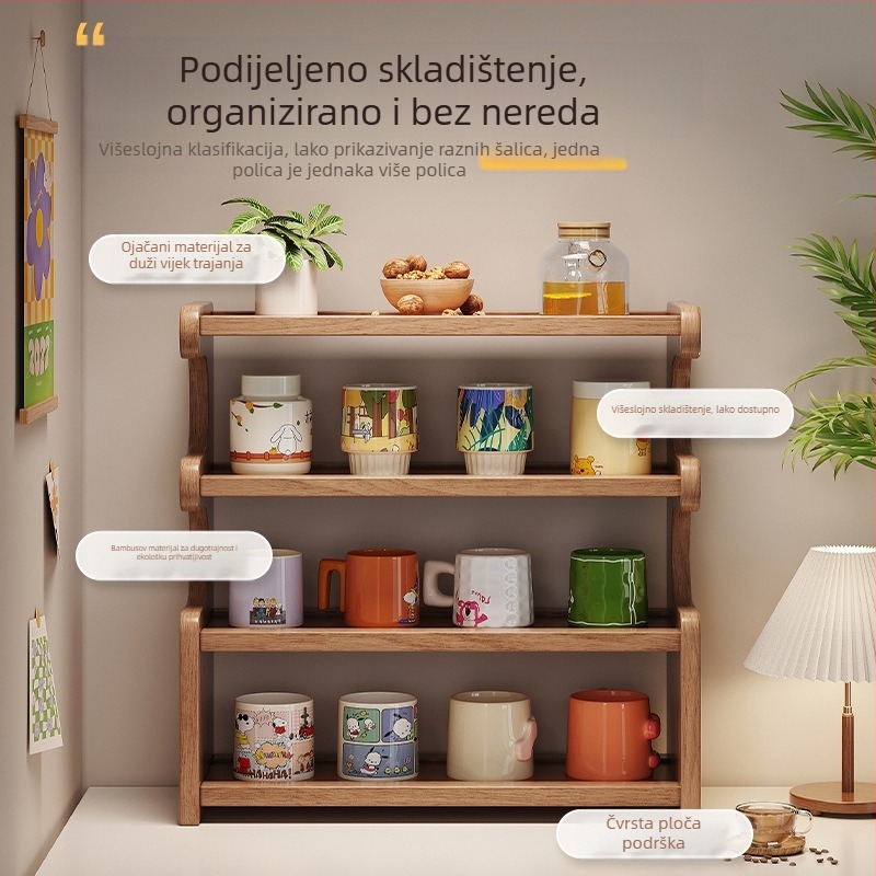 Stolni organizator čajnih šalice – 3-slojni stalak od bambusa i ploče, prijenosni stolni organizator