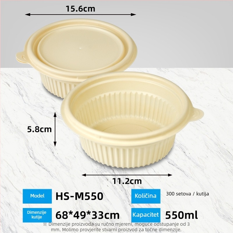 Biodegradabilna kutija za ručak od kukuruznog škroba, okrugla, kapacitet 450 ml, s čvrstim poklopcem