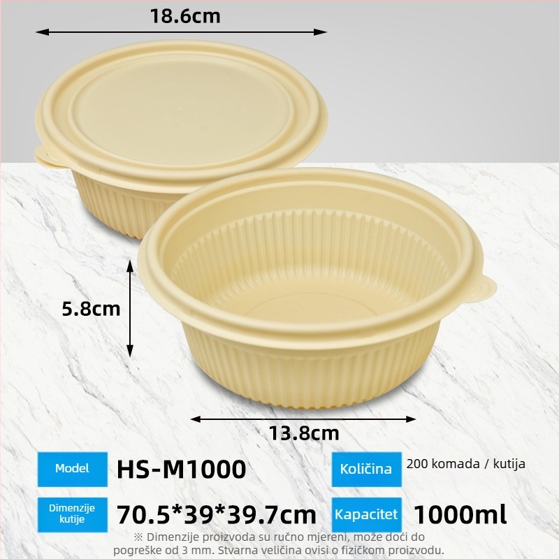 Biodegradabilna kutija za ručak od kukuruznog škroba, okrugla, kapacitet 450 ml, s čvrstim poklopcem