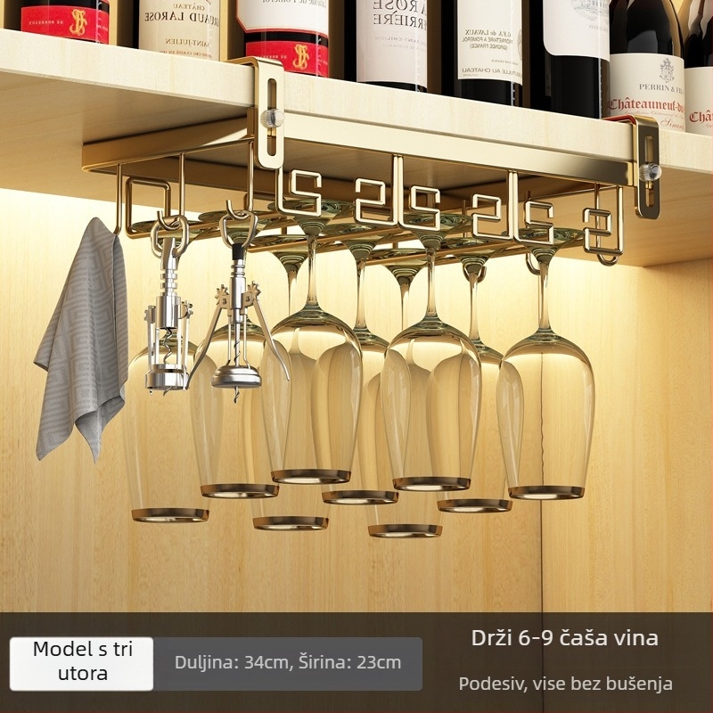 Zidni držač za čaše vina, invertiran, podesiv, od ugljičnog čelika, bez bušenja, stil lagani luksuz retro