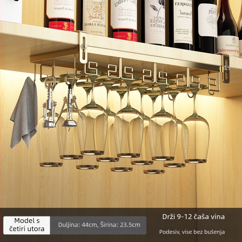 Zidni držač za čaše vina, invertiran, podesiv, od ugljičnog čelika, bez bušenja, stil lagani luksuz retro