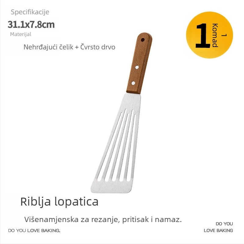 Gu yi špachtla za prženje od nehrđajućeg čelika s drvenom držačem – Teppanyaki stil, kuhinjska špachtla, mogućnost tiskanja logotipa
