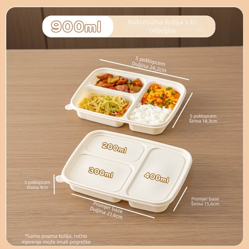 Jednokratna kutija za stolni servis od kukuruznog škroba, prehrambena klasa, prijenosna i zatvorena, okruglog oblika; Materijal: kukuruzni škrob; Razgradiv: Da; Količina: 1; Kapacitet: 1