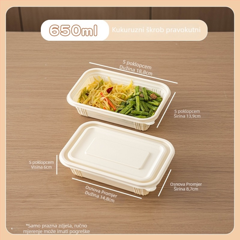 Jednokratna kutija za stolni servis od kukuruznog škroba, prehrambena klasa, prijenosna i zatvorena, okruglog oblika; Materijal: kukuruzni škrob; Razgradiv: Da; Količina: 1; Kapacitet: 1