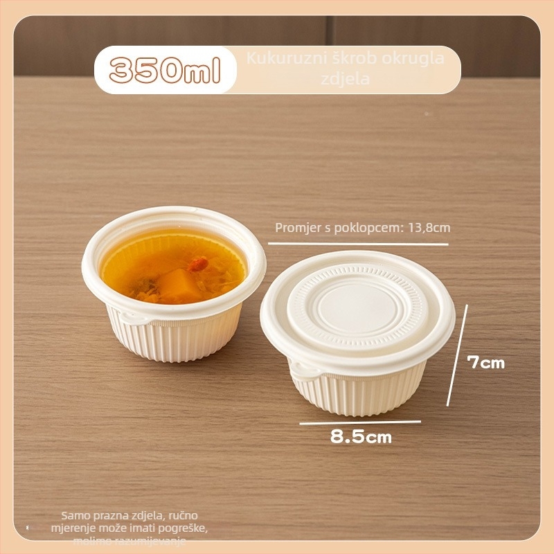 Jednokratna kutija za stolni servis od kukuruznog škroba, prehrambena klasa, prijenosna i zatvorena, okruglog oblika; Materijal: kukuruzni škrob; Razgradiv: Da; Količina: 1; Kapacitet: 1