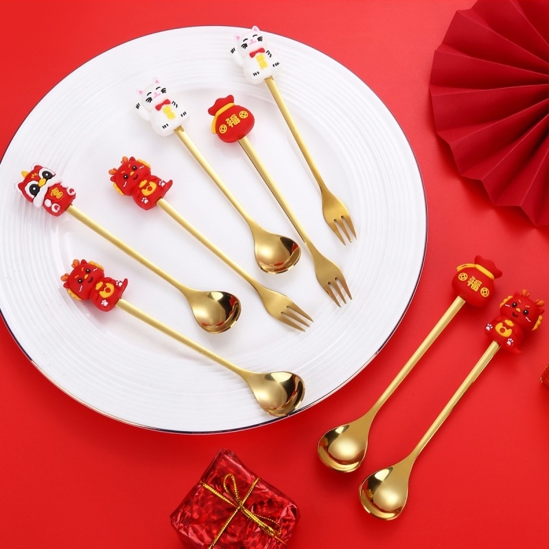 Set pribora od nehrđajućeg čelika 410 – Godina zmaja, karikatura uzorak, ogledno poliranje, otisak loga