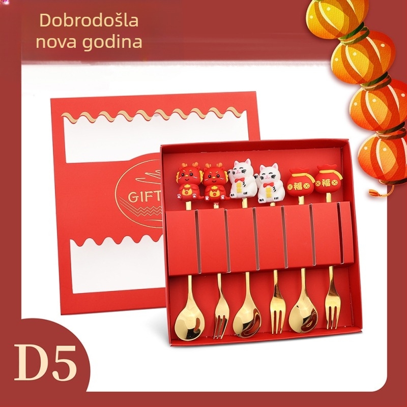 Set pribora od nehrđajućeg čelika 410 – Godina zmaja, karikatura uzorak, ogledno poliranje, otisak loga