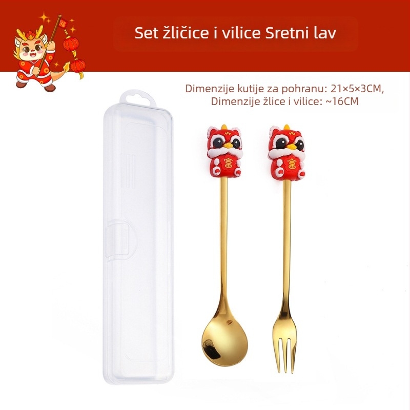 Set pribora od nehrđajućeg čelika 410 – Godina zmaja, karikatura uzorak, ogledno poliranje, otisak loga