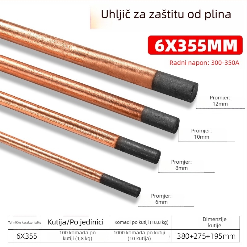 Grafitna šipka za zavarivanje i gouging lukom, ugljik/bakar, za alat arc gouging, 200-500 A, glava okrugla ili plosnata