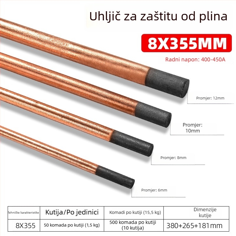 Grafitna šipka za zavarivanje i gouging lukom, ugljik/bakar, za alat arc gouging, 200-500 A, glava okrugla ili plosnata