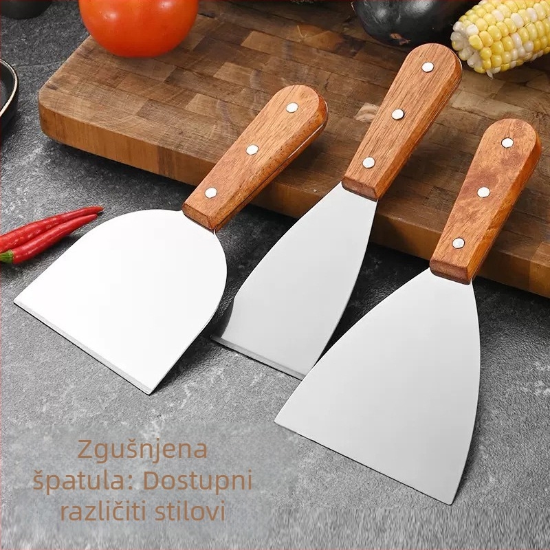 Nehrđajuća čelična teppanyaki špahtla s čvrstim drvenim držačem i debelim plosnatim listom — nepriľjiva, otporna na visoke temperature, protuklizna, pogodna za palačinke i pizzu