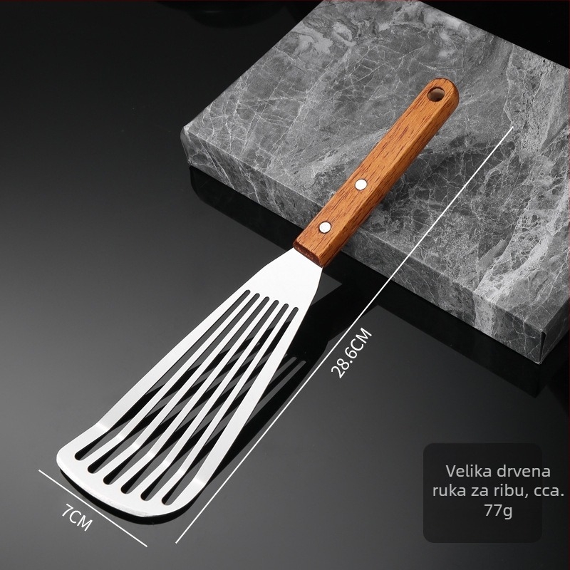 Nehrđajuća čelična teppanyaki špahtla s čvrstim drvenim držačem i debelim plosnatim listom — nepriľjiva, otporna na visoke temperature, protuklizna, pogodna za palačinke i pizzu