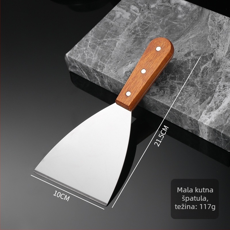 Nehrđajuća čelična teppanyaki špahtla s čvrstim drvenim držačem i debelim plosnatim listom — nepriľjiva, otporna na visoke temperature, protuklizna, pogodna za palačinke i pizzu