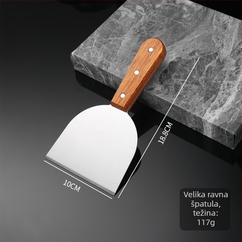 Nehrđajuća čelična teppanyaki špahtla s čvrstim drvenim držačem i debelim plosnatim listom — nepriľjiva, otporna na visoke temperature, protuklizna, pogodna za palačinke i pizzu