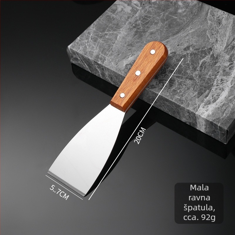 Nehrđajuća čelična teppanyaki špahtla s čvrstim drvenim držačem i debelim plosnatim listom — nepriľjiva, otporna na visoke temperature, protuklizna, pogodna za palačinke i pizzu