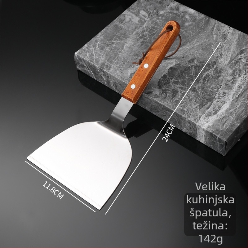 Nehrđajuća čelična teppanyaki špahtla s čvrstim drvenim držačem i debelim plosnatim listom — nepriľjiva, otporna na visoke temperature, protuklizna, pogodna za palačinke i pizzu