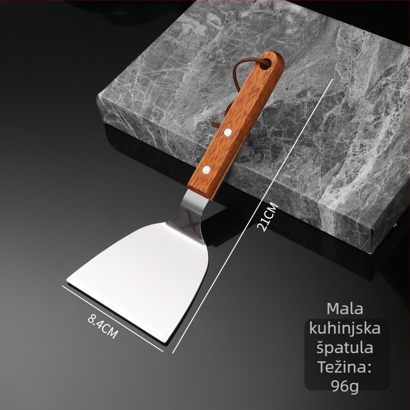 Nehrđajuća čelična teppanyaki špahtla s čvrstim drvenim držačem i debelim plosnatim listom — nepriľjiva, otporna na visoke temperature, protuklizna, pogodna za palačinke i pizzu