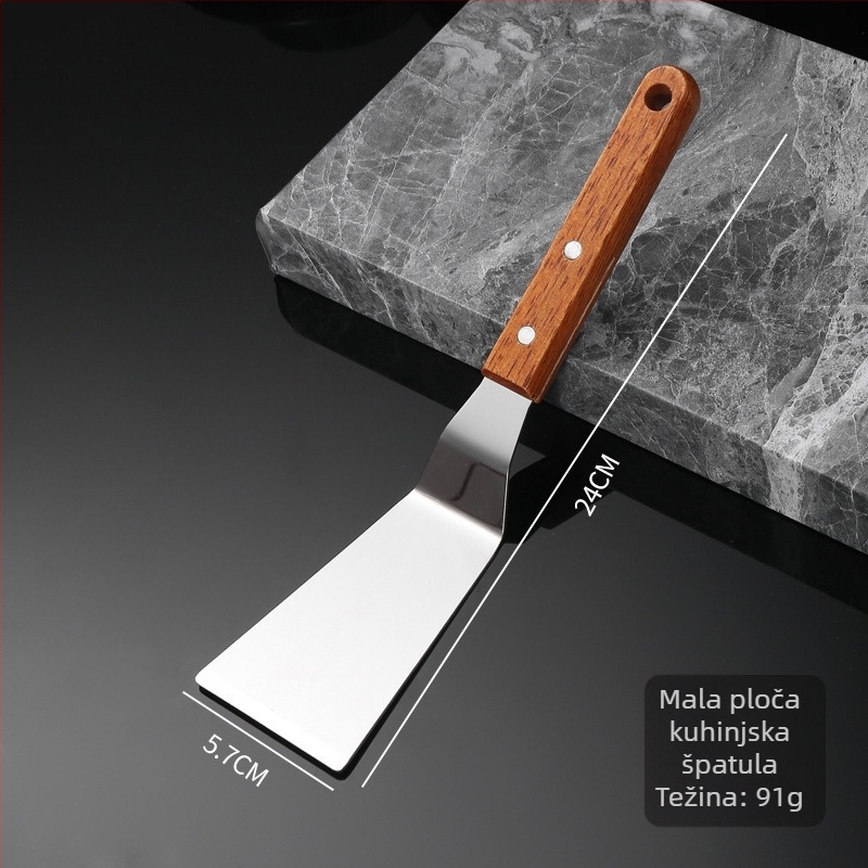 Nehrđajuća čelična teppanyaki špahtla s čvrstim drvenim držačem i debelim plosnatim listom — nepriľjiva, otporna na visoke temperature, protuklizna, pogodna za palačinke i pizzu