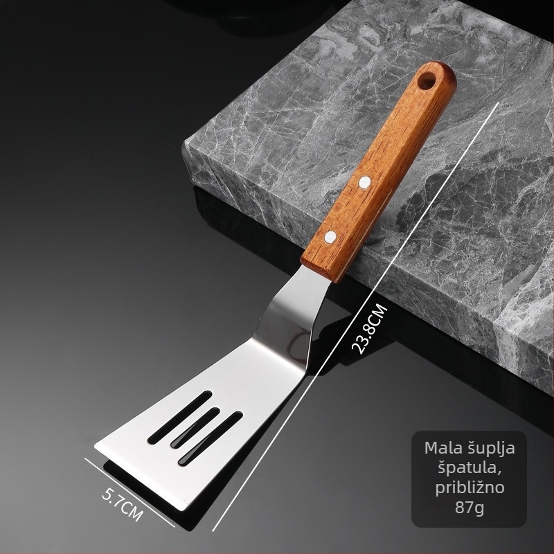 Nehrđajuća čelična teppanyaki špahtla s čvrstim drvenim držačem i debelim plosnatim listom — nepriľjiva, otporna na visoke temperature, protuklizna, pogodna za palačinke i pizzu