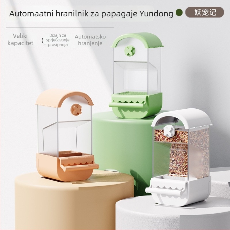 Automatska hranilica za papige — dizajn protiv rasipanja i prskanja, plastično kućište; Demon Pet; pogodna za dizajn tigrove kože; licencirana privatna oznaka: Da