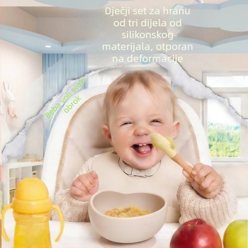 Silikonski set za hranjenje beba: zdjela, tanjur, žlica i integrirani ubrus