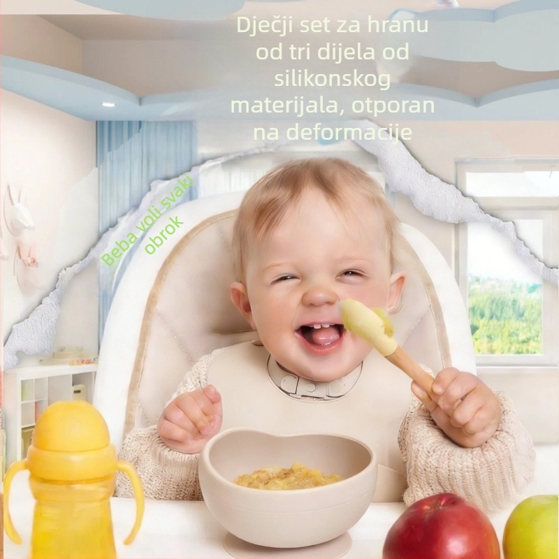 Silikonski set za hranjenje beba: zdjela, tanjur, žlica i integrirani ubrus