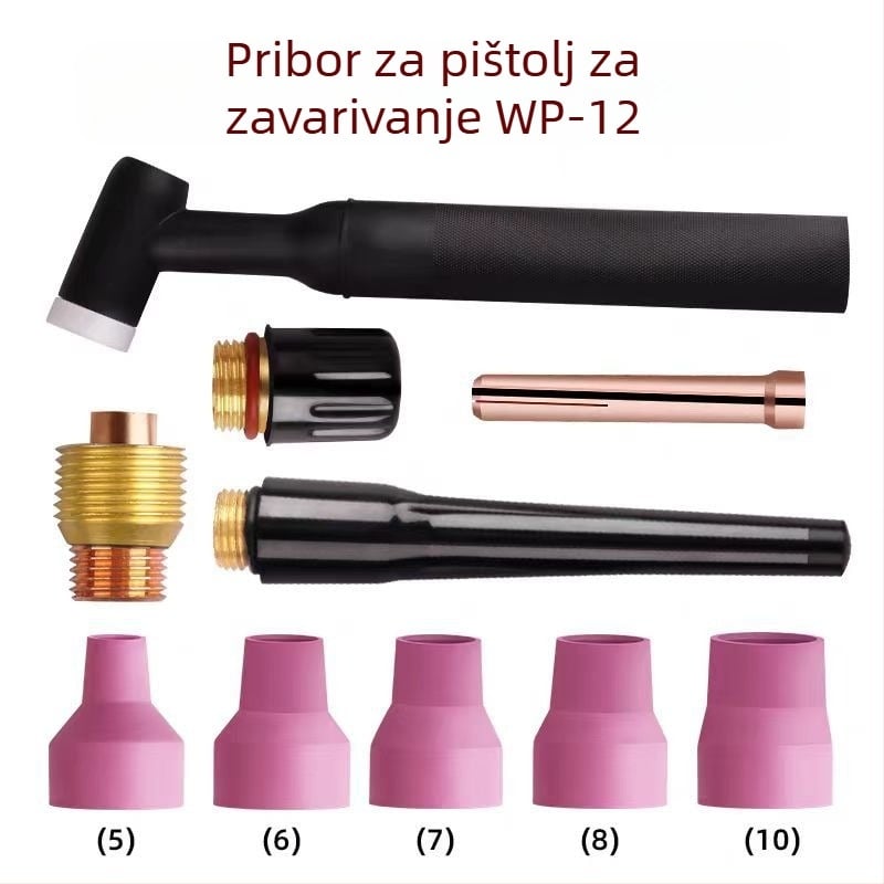 WP-12 vodeno-hlađena argon arcska pištolj dodaci: vodilica protoka, keramička mlaznica, držač wolframovog elektrodu, duga glava pištolja, kratka stražnja glava, brtveni prsten na kraju pištolja