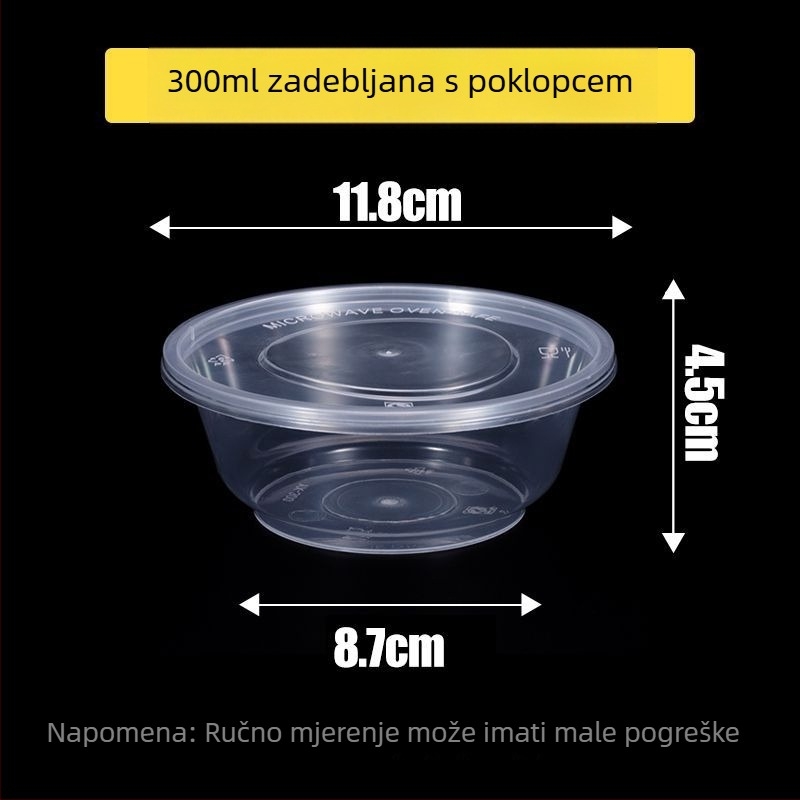 Kružna jednokratna kutija za obrok, prozirna plastična, ojačana poklopcem, za dostavu