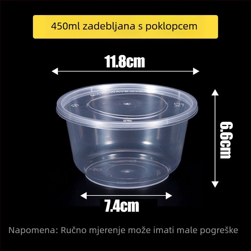 Kružna jednokratna kutija za obrok, prozirna plastična, ojačana poklopcem, za dostavu