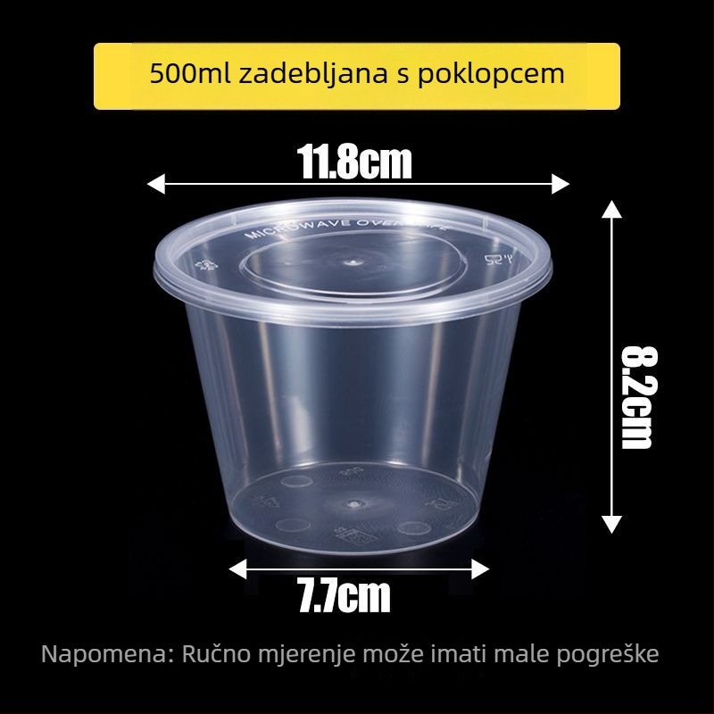 Kružna jednokratna kutija za obrok, prozirna plastična, ojačana poklopcem, za dostavu