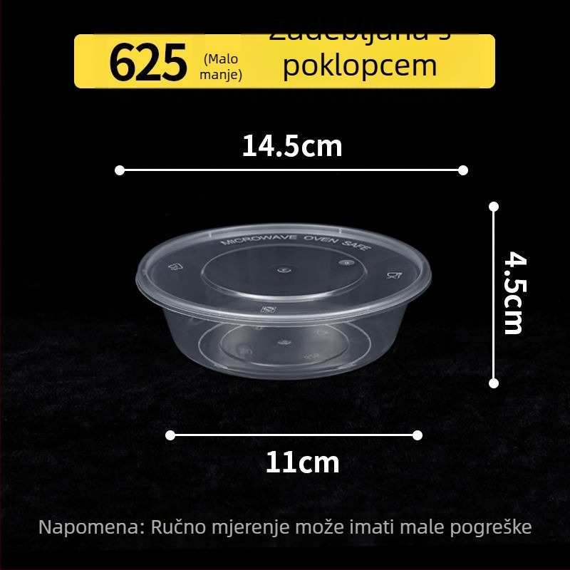 Kružna jednokratna kutija za obrok, prozirna plastična, ojačana poklopcem, za dostavu