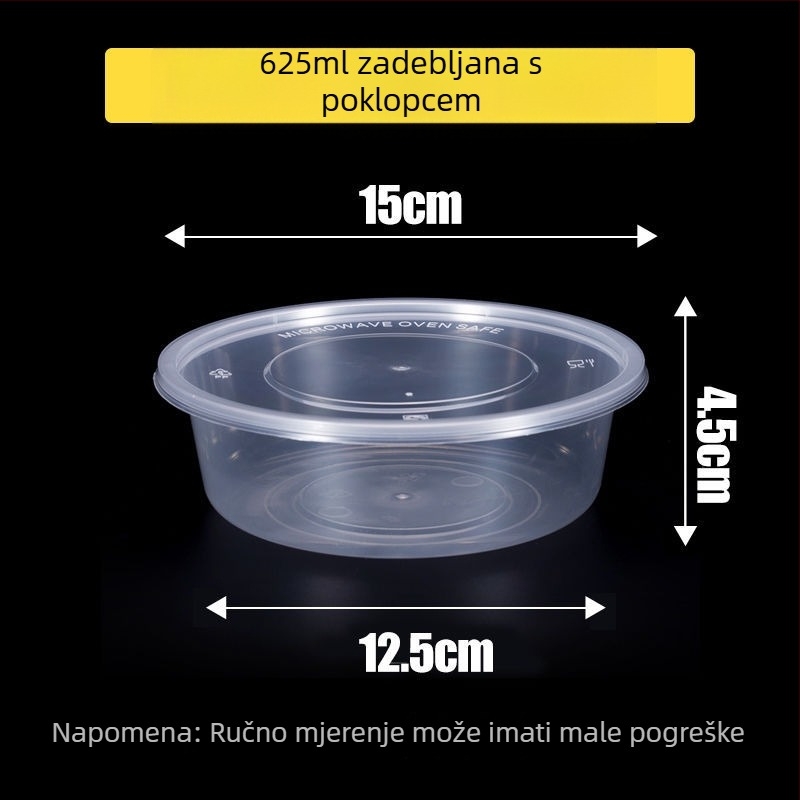 Kružna jednokratna kutija za obrok, prozirna plastična, ojačana poklopcem, za dostavu