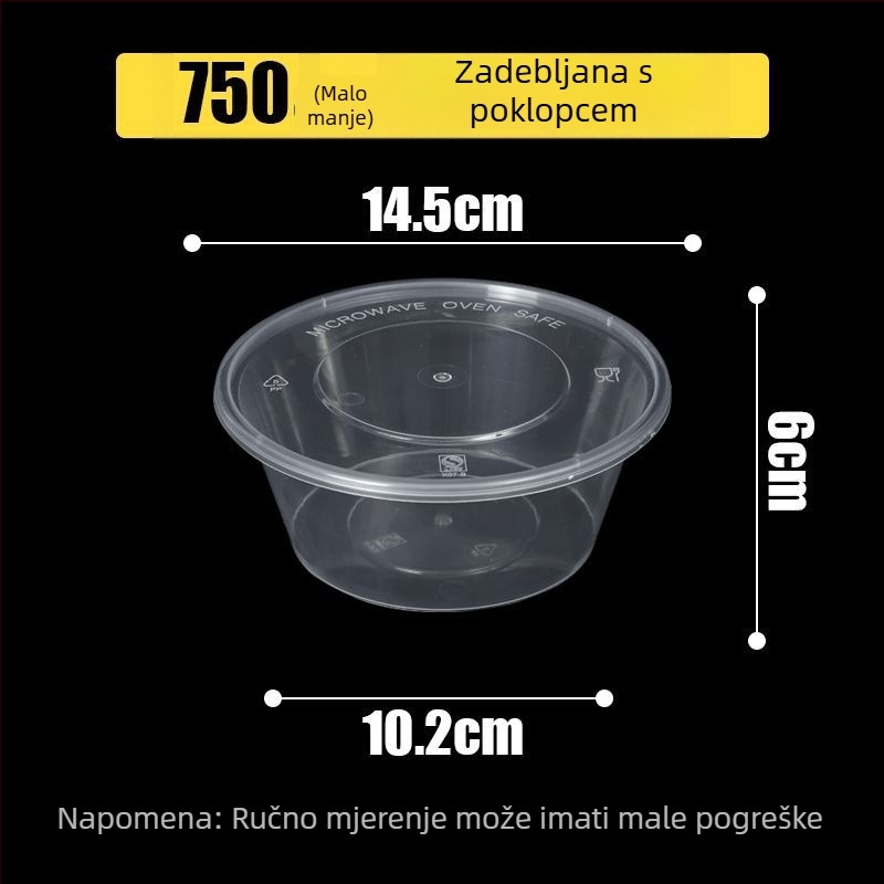 Kružna jednokratna kutija za obrok, prozirna plastična, ojačana poklopcem, za dostavu