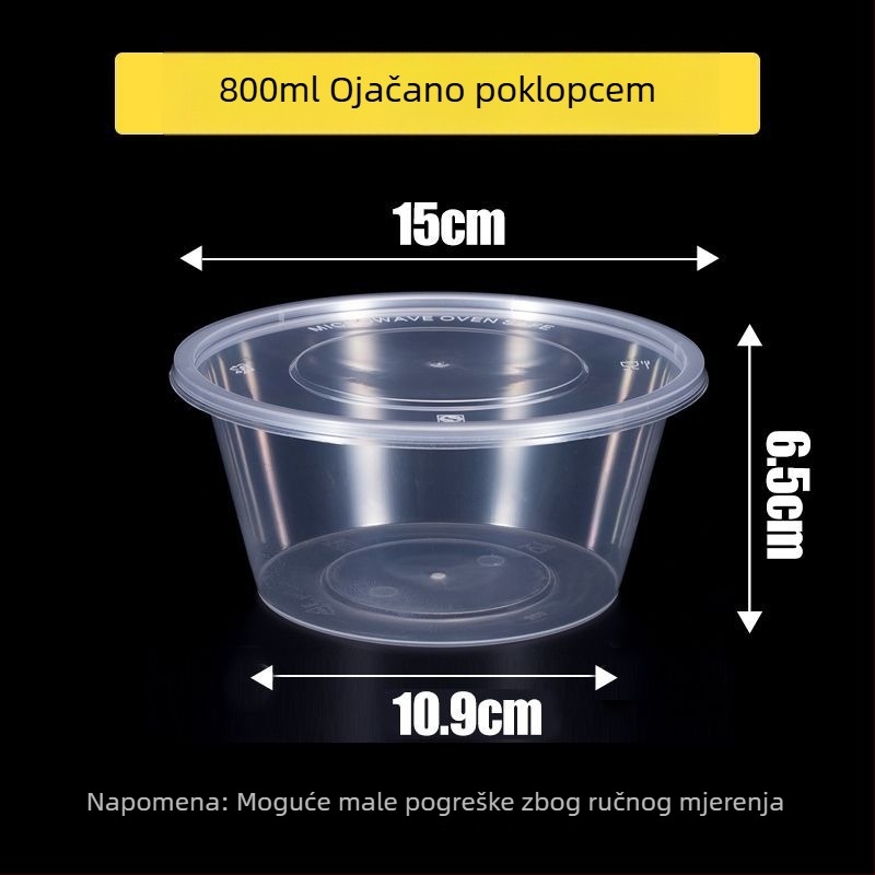 Kružna jednokratna kutija za obrok, prozirna plastična, ojačana poklopcem, za dostavu