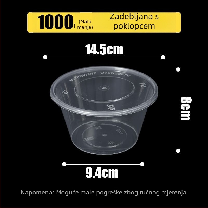 Kružna jednokratna kutija za obrok, prozirna plastična, ojačana poklopcem, za dostavu