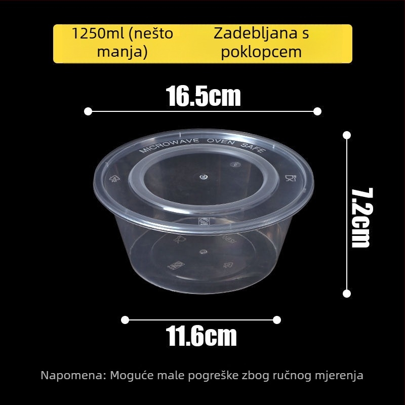 Kružna jednokratna kutija za obrok, prozirna plastična, ojačana poklopcem, za dostavu