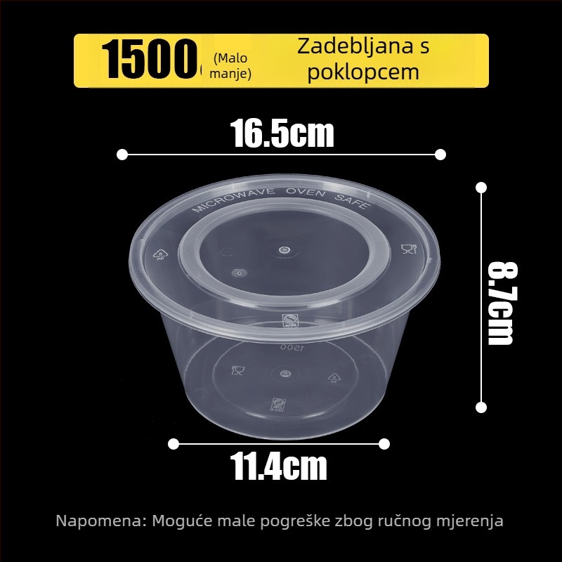 Kružna jednokratna kutija za obrok, prozirna plastična, ojačana poklopcem, za dostavu