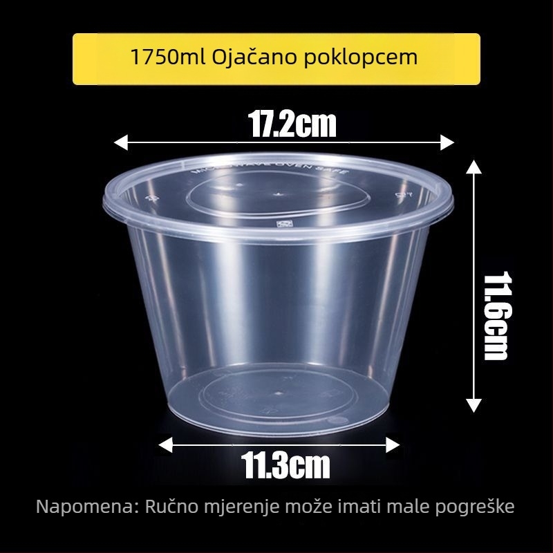 Kružna jednokratna kutija za obrok, prozirna plastična, ojačana poklopcem, za dostavu