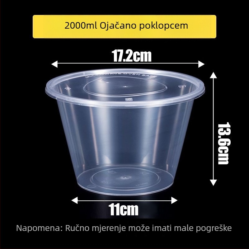 Kružna jednokratna kutija za obrok, prozirna plastična, ojačana poklopcem, za dostavu