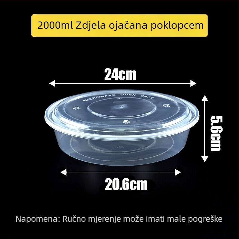 Kružna jednokratna kutija za obrok, prozirna plastična, ojačana poklopcem, za dostavu