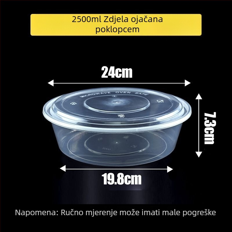 Kružna jednokratna kutija za obrok, prozirna plastična, ojačana poklopcem, za dostavu