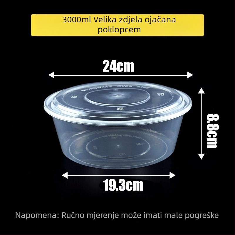 Kružna jednokratna kutija za obrok, prozirna plastična, ojačana poklopcem, za dostavu