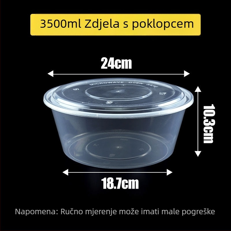 Kružna jednokratna kutija za obrok, prozirna plastična, ojačana poklopcem, za dostavu